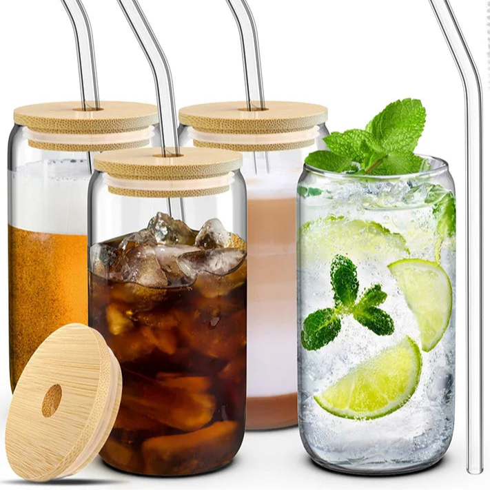 1/4Pcs 400ML Glass Cup With Wooden Lid And Straw