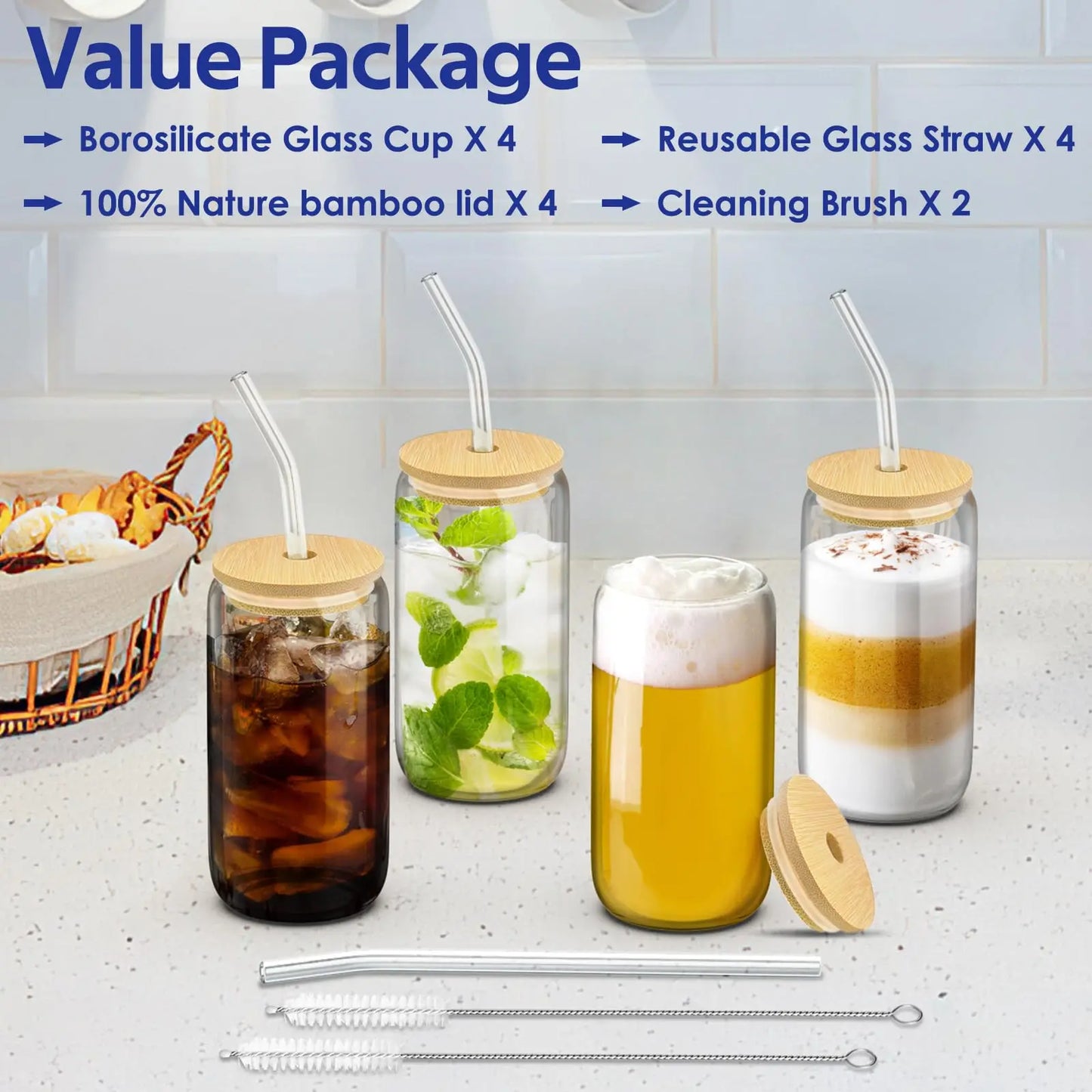 1/4Pcs 400ML Glass Cup With Wooden Lid And Straw