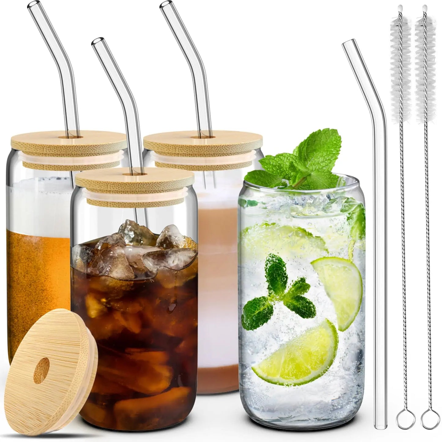 1/4Pcs 400ML Glass Cup With Wooden Lid And Straw