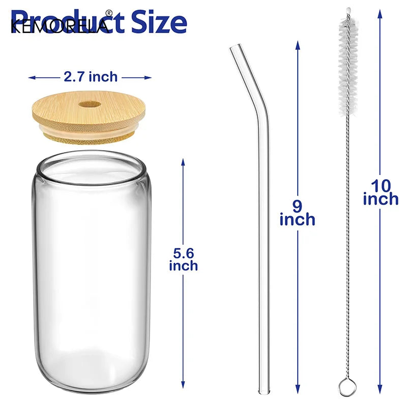 1/4Pcs 400ML Glass Cup With Wooden Lid And Straw