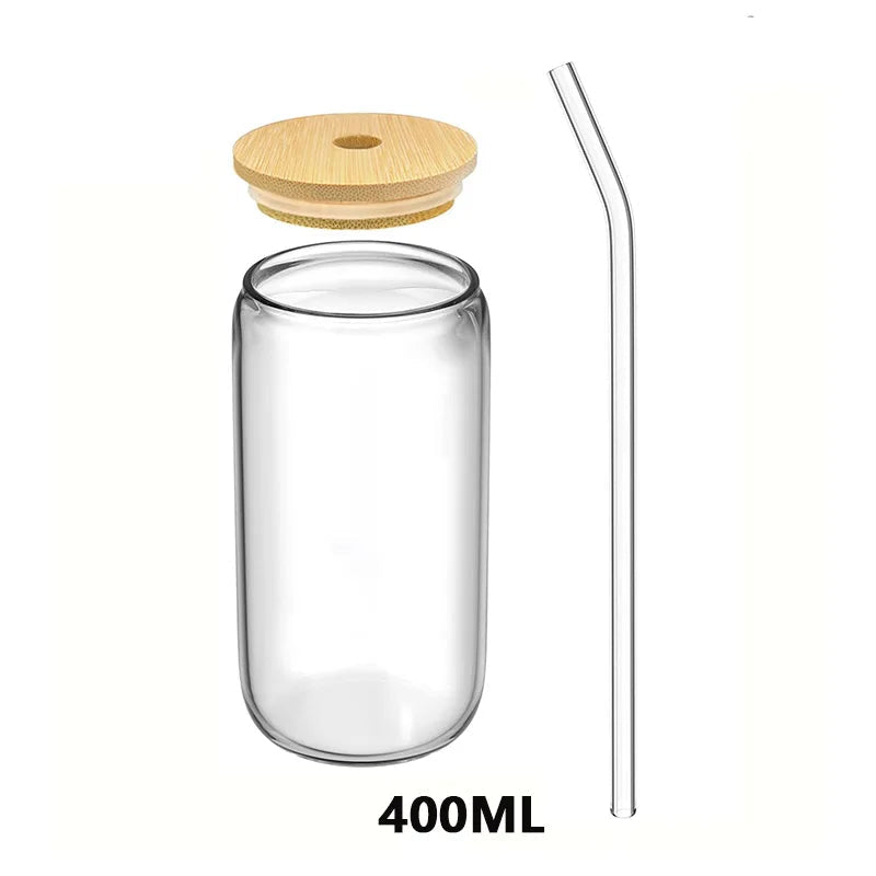 1/4Pcs 400ML Glass Cup With Wooden Lid And Straw